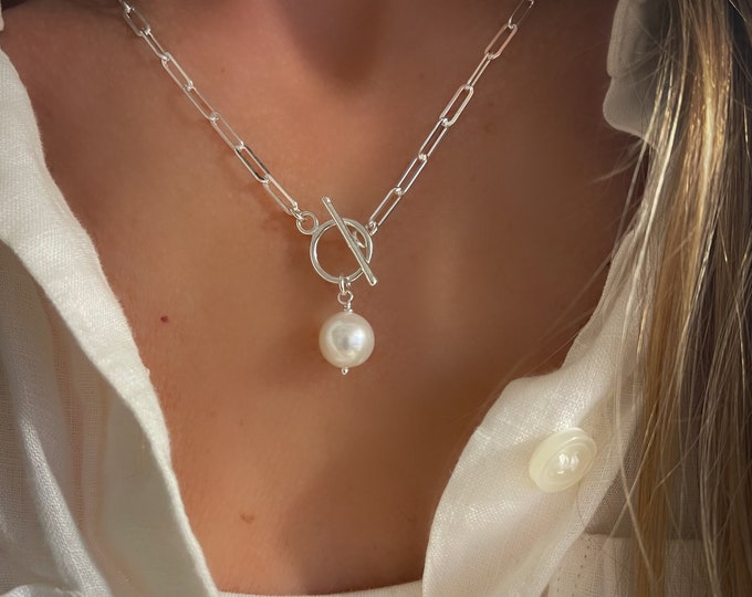 Paperclip Pearl Toggle Necklace | smooth 3x9mm links | 925 sterling silver