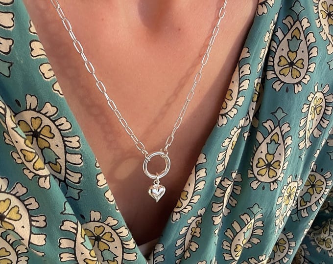 925S Puffy Heart Charm Clasp Necklace | paperclip chain