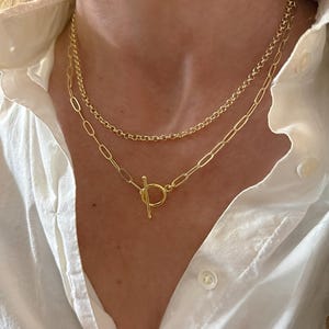 May include: Two gold necklaces layered together. The top necklace is a delicate chain, while the bottom necklace features an oval link chain with a toggle clasp. The necklaces are worn over a white button-down shirt.