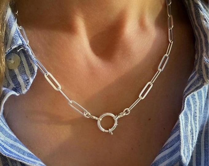 Sterling Silver Mariner Clasp Necklace | Flat Paperclip Chain
