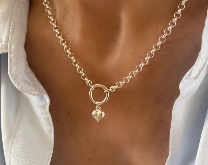 Sterling Silver Puffy Heart Charm Clasp Necklace | rolo chain 4mm wide