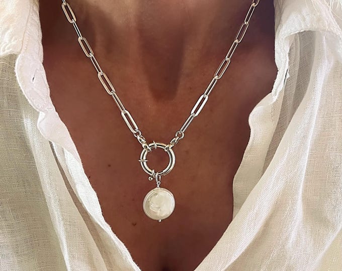 Sterling Silver Paperclip Chain Necklace | Optional Pearl Pendant, Mariner Clasp