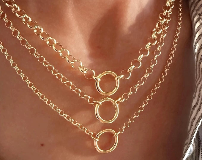 Premium Gold Plate Rolo Charm Clasp Necklace | 3 chain width options