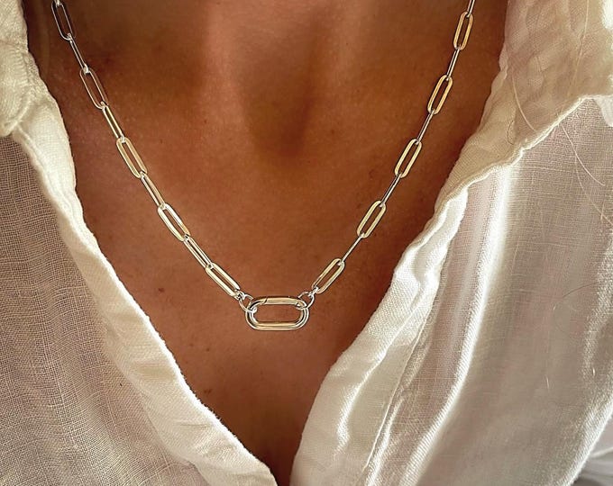 Silver Carabiner Clasp Necklace | flat paperclip chain | 3.5mm chain | 925 sterling silver