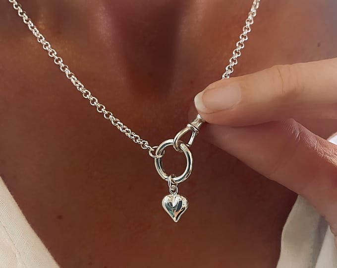 Sterling Silver Puffy Heart Necklace |  Double Charm Clasp, 2.8mm rolo chain