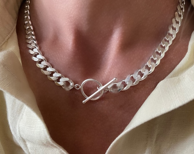 Silver Curb Toggle Chain Necklace | 8.2m wide | solid 925 sterling silver | 16” - 24” lengths.