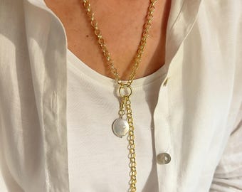 Gold Rolo Y Chain | removable baroque coin pearl | 14k Premium Plate