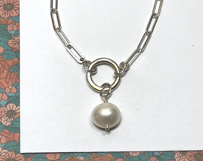 Sterling Silver Paperclip Pearl Necklace | Charm Collector Clasp