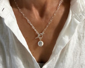 Paperclip Toggle Pearl Necklace | 925 Silver Heavy-Plate