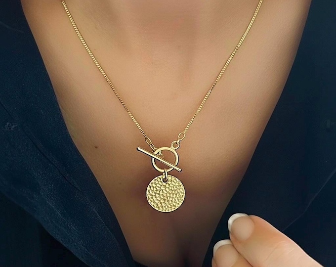 14k Gold Vermeil Toggle Necklace | textured medallion pendant