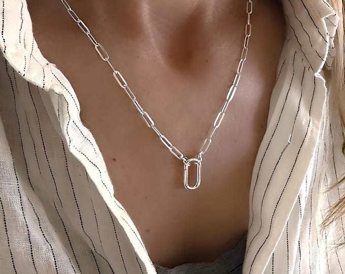 Silver Carabiner Charm Clasp Necklace | flat paperclip chain, 3.5mm