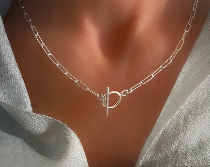 Silver Paperclip Toggle Chain Necklace | 925 sterling silver | 3mm smooth links