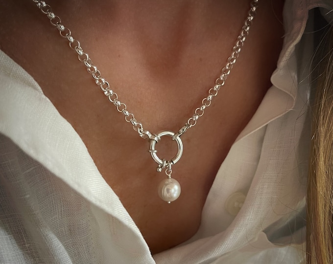 Sterling Silver Rolo Chain Necklace | Mariner Clasp, Pearl