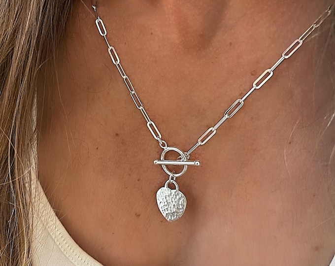 Sterling Silver Heart Toggle Necklace | paperclip chain, 3.5mm wide
