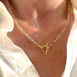 May include: A gold-toned necklace featuring an elongated oval link chain design. The necklace is secured with a front-facing toggle clasp consisting of a circular ring and a straight bar component, resting against a white collared shirt.