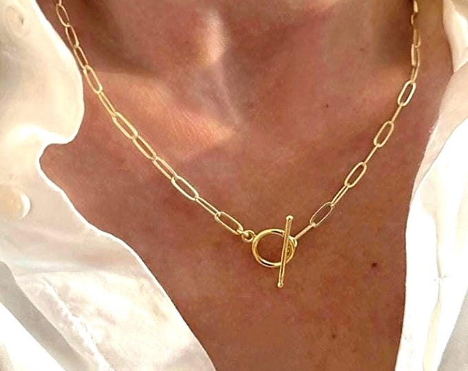 Gold Toggle Paperclip Necklace | 14K Gold Thick-Plate | lightweight chain