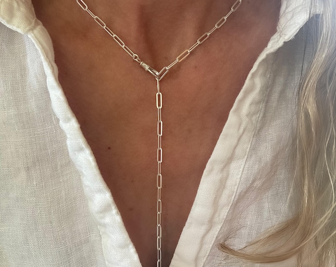 Silver Lariat Swivel Clasp Necklace | flat paperclip chain | 925 sterling silver