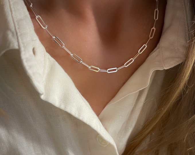 925 Silver Flat Paperclip Necklace | 3.5mm wide | gift for her