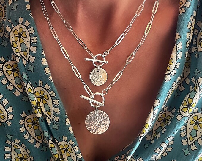 Silver Toggle Medallion Necklace | flat paperclip chain | pendant in 2 sizes | 925 sterling silver | 4 x 11.5mm links
