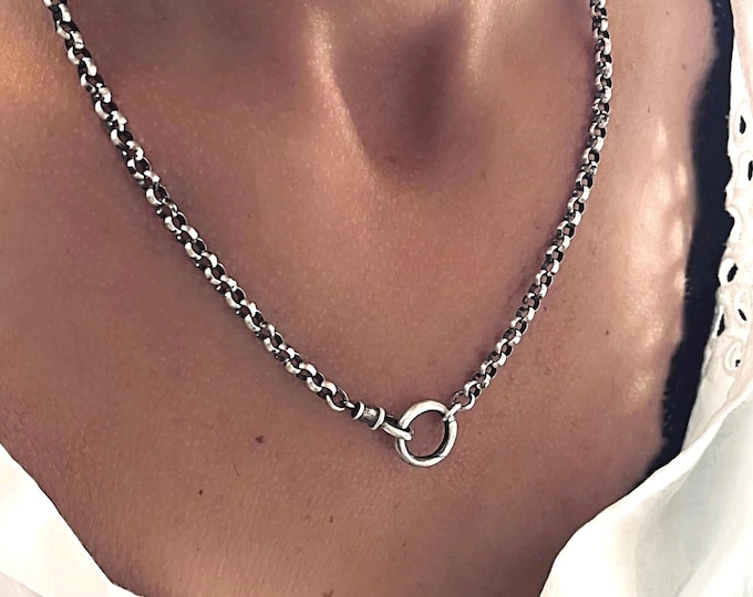 Sterling Silver Rolo Chain Necklace | Double Clasp | antiqued or high polish 4mm rolo