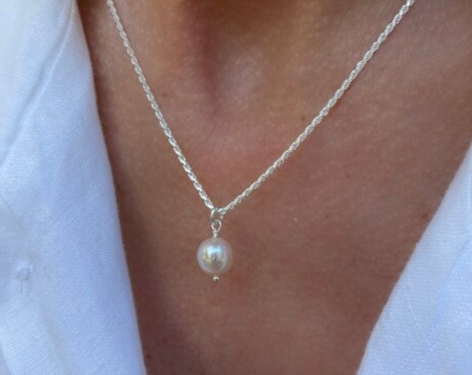 Pearl Necklace • single white pearl • 925 silver rope chain • gift for her