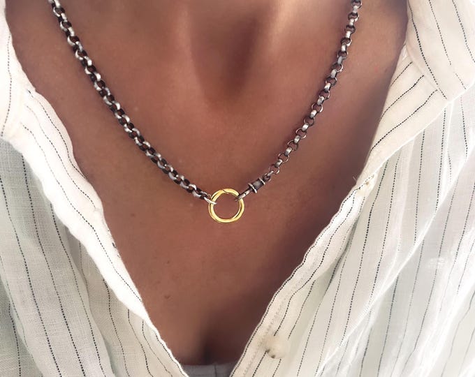 Oxidized Mixed Metals Sterling Silver Rolo Chain Necklace | Double Clasp, Charm Clasp
