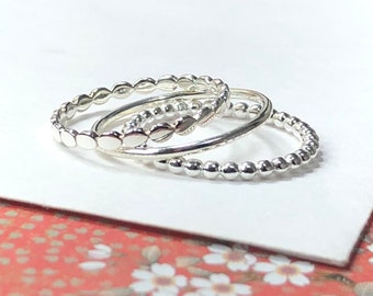 Thin Silver Stacking Rings for her | 3 pattern options | 925 sterling silver