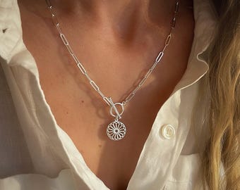 Silver Paperclip Toggle Necklace | Mandala Pendant | 2 silver metal options