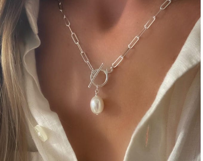 Paperclip Pearl Toggle Necklace | 925 sterling silver