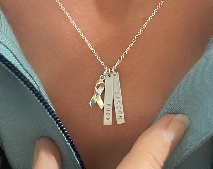 FUCK CANCER Necklace | cancer ribbon symbol | stamped bar necklace | 925 Sterling Silver |