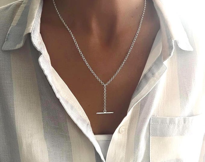 Sterling Silver Rolo Necklace | T-bar drop