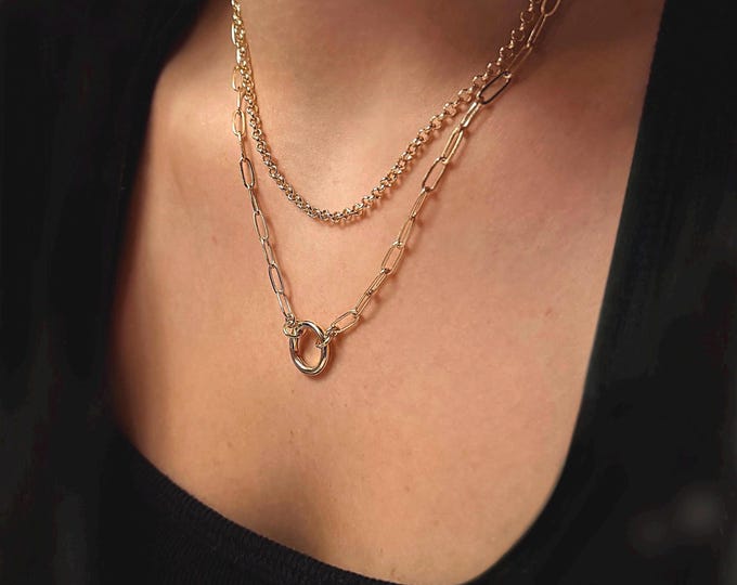 Gold Paperclip Charm Clasp Necklace | 14k Gold Heavy-Plate Chain