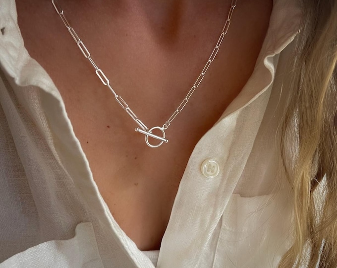 925 Silver Flat Paperclip Toggle Necklace | NO TARIFFS on USA Orders