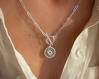Silver Toggle Paperclip Necklace | Sunburst Pendant | 2 silver metal options
