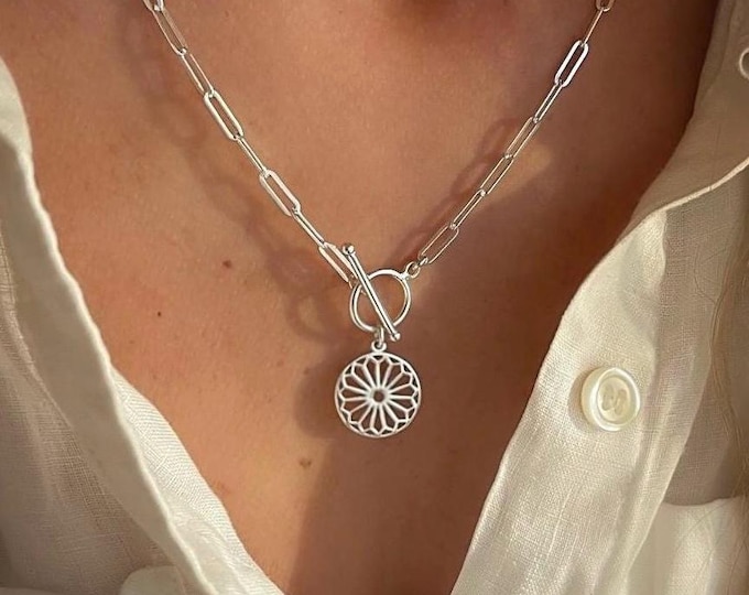 Silver Toggle Paperclip Necklace | Sunburst Pendant | 2 silver metal options