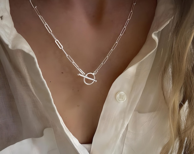 Flat Paperclip Toggle Necklace | 925 Silver Heavy-Plate