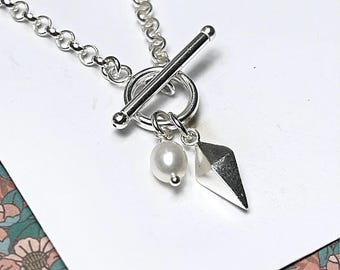Sterling Silver Rolo Toggle Necklace | pearl + spike charm