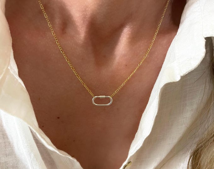 Mixed Metals Carabiner Necklace | 14k gold filled figaro chain | 925 silver clasp | minimalist jewelry