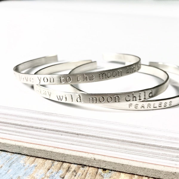 Custom Stamped Sterling Silver Cuff Bracelet - hand stamped personalized bangle - names, words, coordinates, dates -925 sterling silver