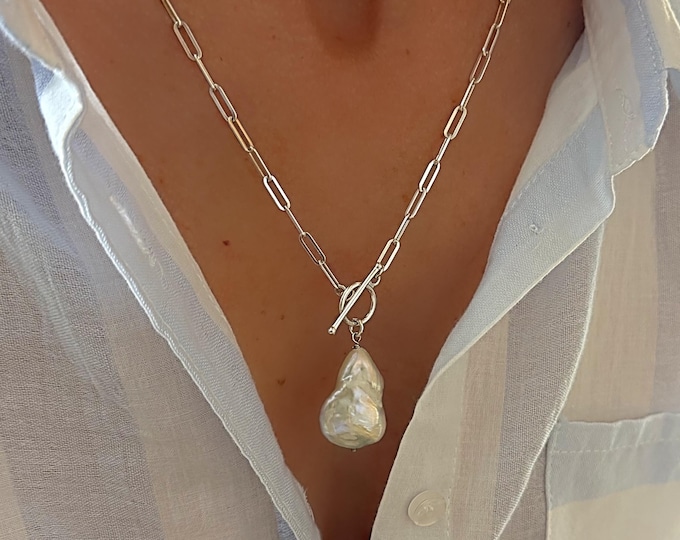 925 Silver Paperclip Pearl Toggle Necklace | baroque pearl