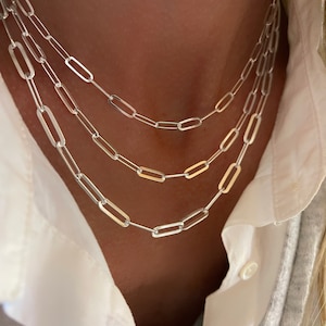 Silver Flat Paperclip Chain Necklace | drawn cable | solid 925 sterling silver | 3 width options