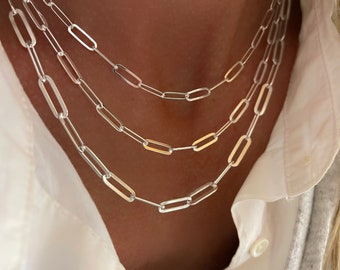 Silver Flat Paperclip Chain Necklace | drawn cable | solid 925 sterling silver | 3 width options