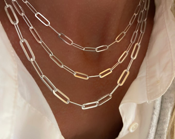 Silver Flat Paperclip Chain Necklace | 925 sterling silver | gift for her or him