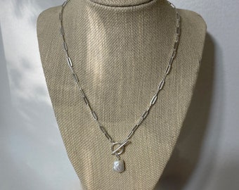 Small Square Pearl Toggle Necklace | flat paperclip chain | 925 sterling silver | 3.5x9mm links