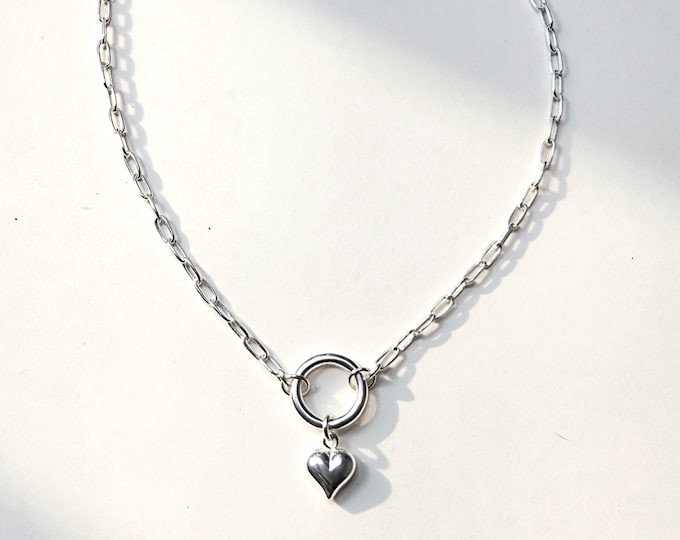 Sterling Silver Puffy Heart Necklace | charm clasp, paperclip chain