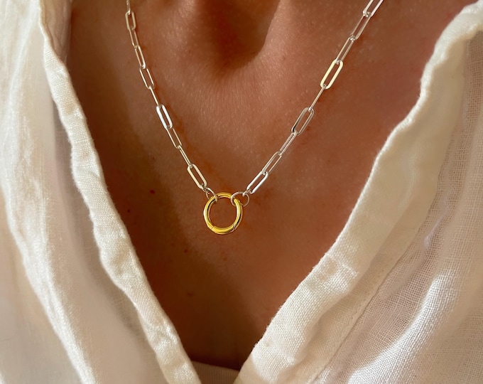 Silver Paperclip Gold Charm Clasp Necklace | 925 sterling silver + 14k gold vermeil
