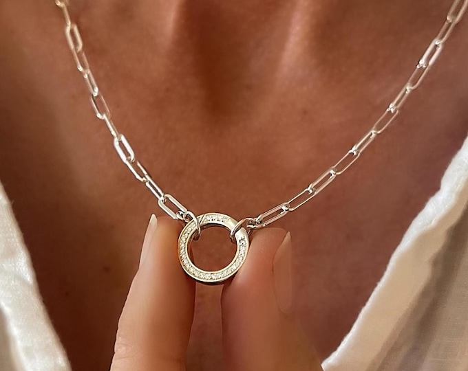 CZ Pave Charm Clasp Paperclip Necklace | 925 sterling silver + cubic zirconia