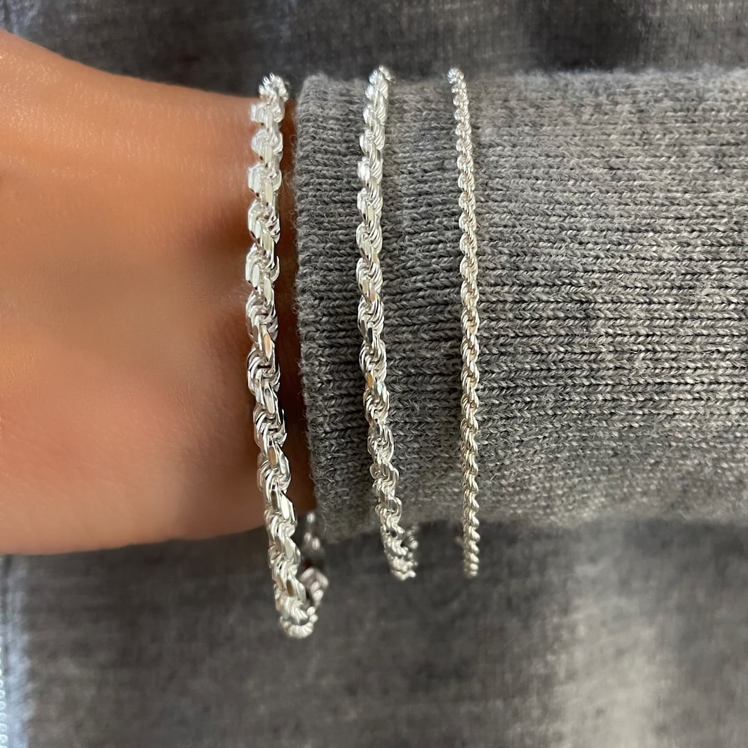 Rope Chain Bracelet Silver Jewelry for Men, Women, Teens Diamond Cut