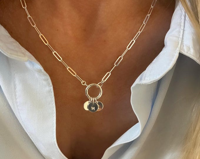 Sterling Silver Initials Necklace | flat paperclip chain | choose # of charms