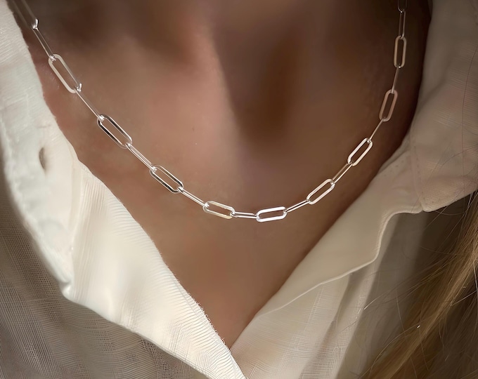 Silver Paperclip Necklace | flat links, 3.5mm wide | 2 silver metal options